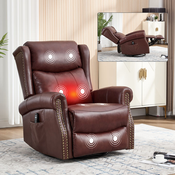 Heat Massage Manual Recliner Chair with Rocker and Swivel in Genuine leather