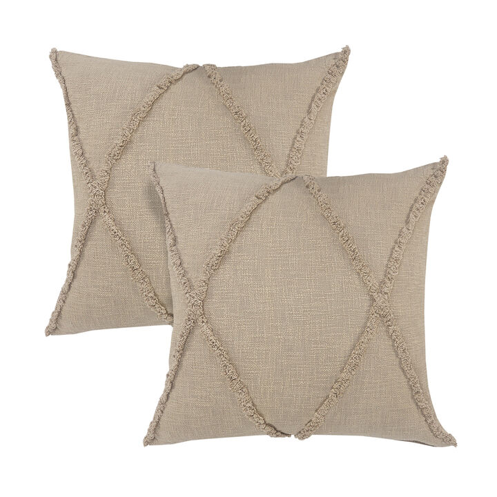 HomeRoots Set of Two Taupe and Brown Diamond Cotton Throw Pillow With Fringes
