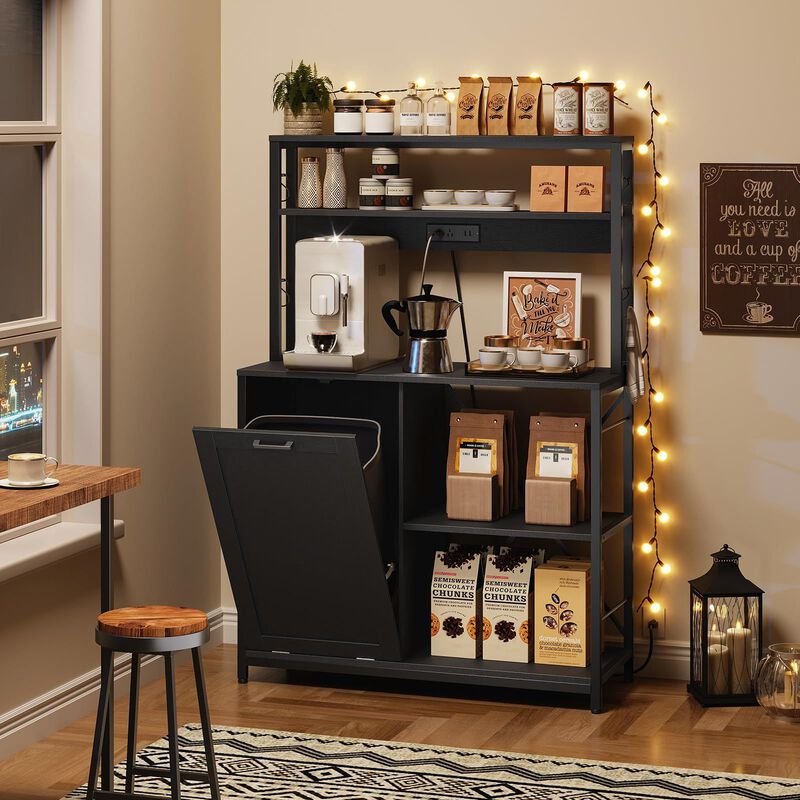 5 Tier Kitchen Bakers Rack with Microwave Shelf and Trash Bin Cabinet-Black image number 1