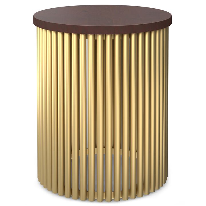 Demy 18 inch Wide Solid Mango/Metal Industrial Accent Table in Cognac/Gold, Assembled