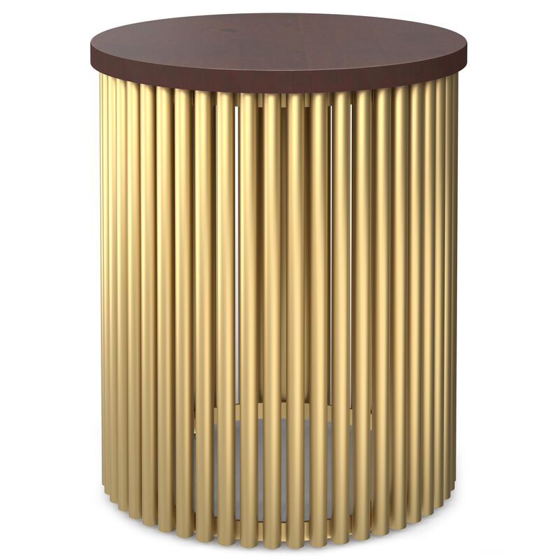 Demy 18 inch Wide Solid Mango/Metal Industrial Accent Table in Cognac/Gold, Assembled