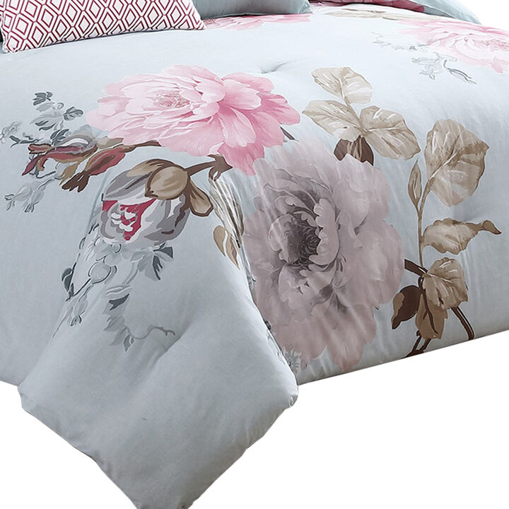 Queen Size 7 Piece Fabric Comforter Set with Floral Prints, Multicolor-Benzara