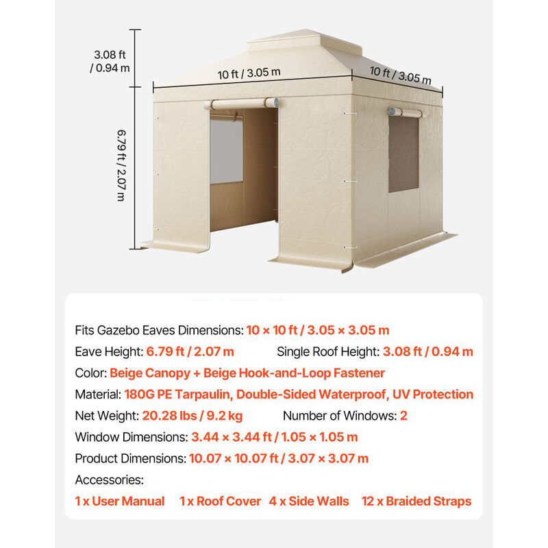 PE Gazebo Winter Cover with Sidewalls, Double-Tier Roof & Mesh Window Enclosure-Beige image number 2
