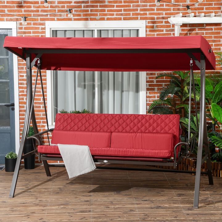 3 Person Porch Swing Bed, Outdoor Patio Swing Chair Bench Hammock with Adjustable Canopy, Cushions, Pillows, Red
