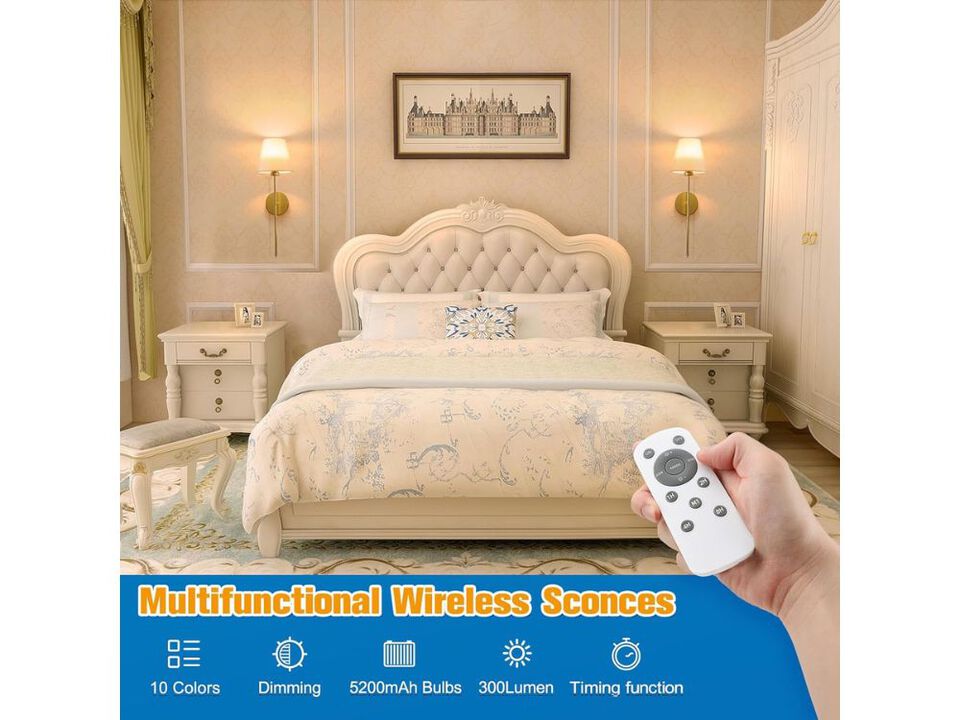 Battery Operated Wall Sconce Set of 2 Gold Rechargeable Dimmable Lights with Remote