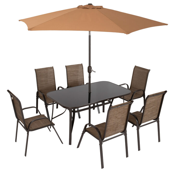 Outsunny 8 Pieces Patio Furniture Set with 9Ft Patio Umbrella, Outdoor Dining Table and Chairs, 6 Chairs, Push Button Tilt and Crank Parasol, Tempered Glass Top, Mixed Brown
