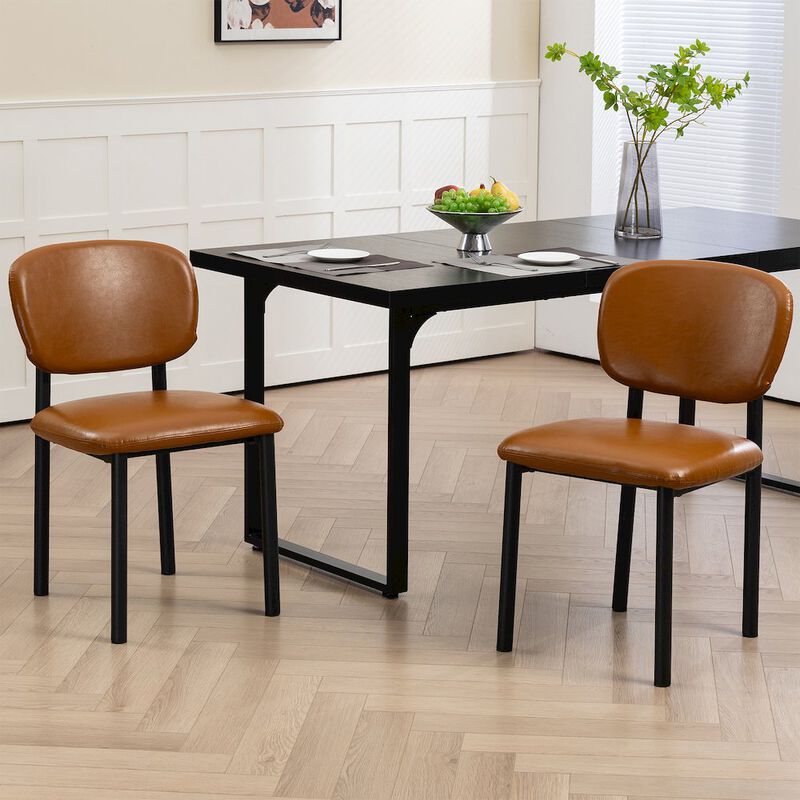 Glamour Home Set of 2 Light Brown Faux Leather Upholstered Dining Chair Black Iron Legs