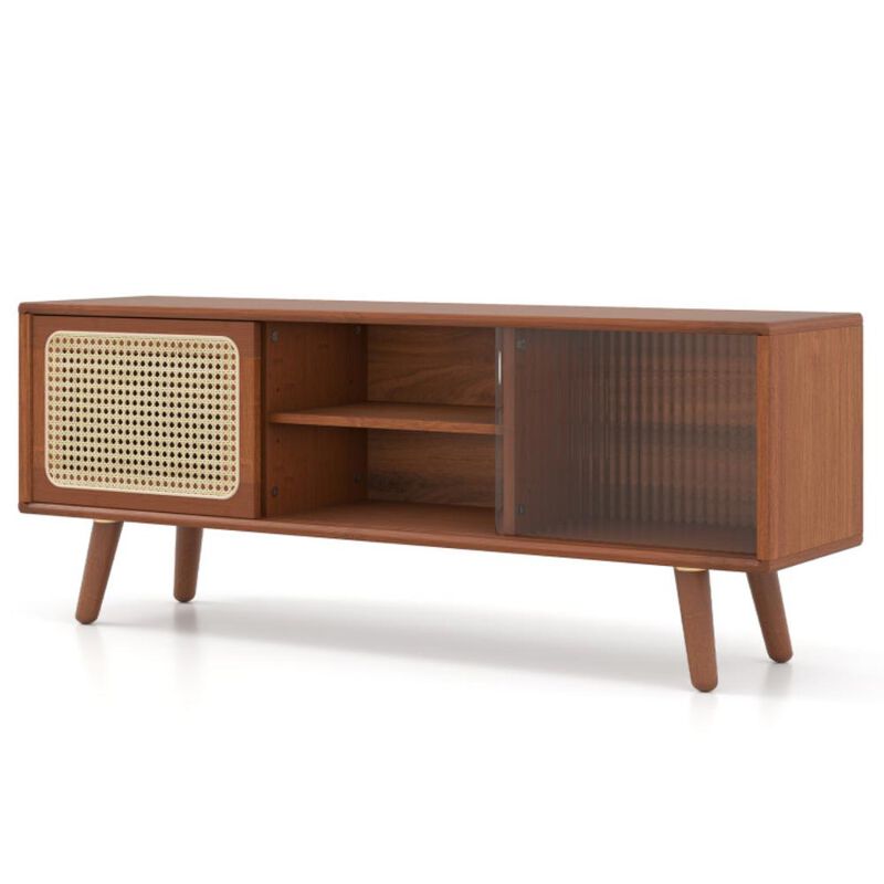 Hivvago Modern TV Stand with Rattan Glass Sliding Doors