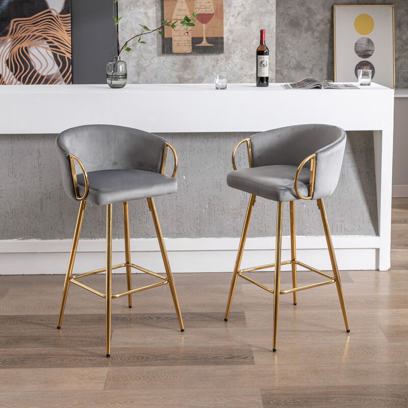 26 Inch Set of 2 Velvet Bar Stools with Chrome Footrest and Golden Base Counter Height Stools image number 5