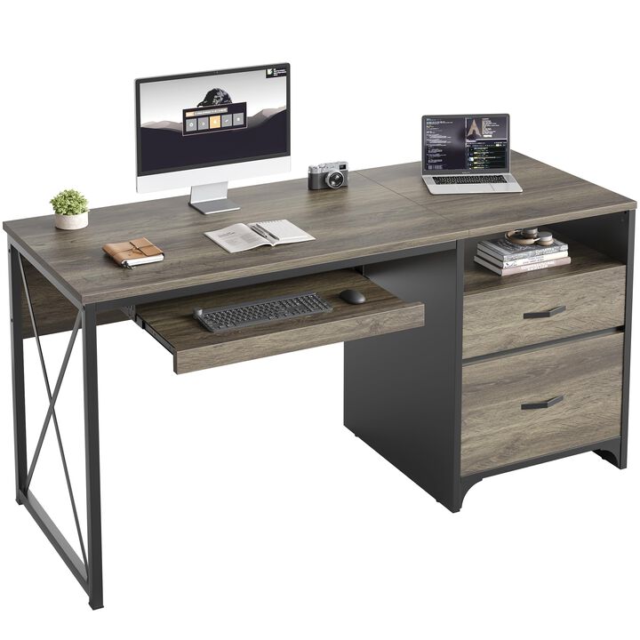 Bestier Office Desk with Drawers, 55 inch Industrial Computer Desk with Storage, Wood Teacher Desk with Keyboard Tray & File Dra