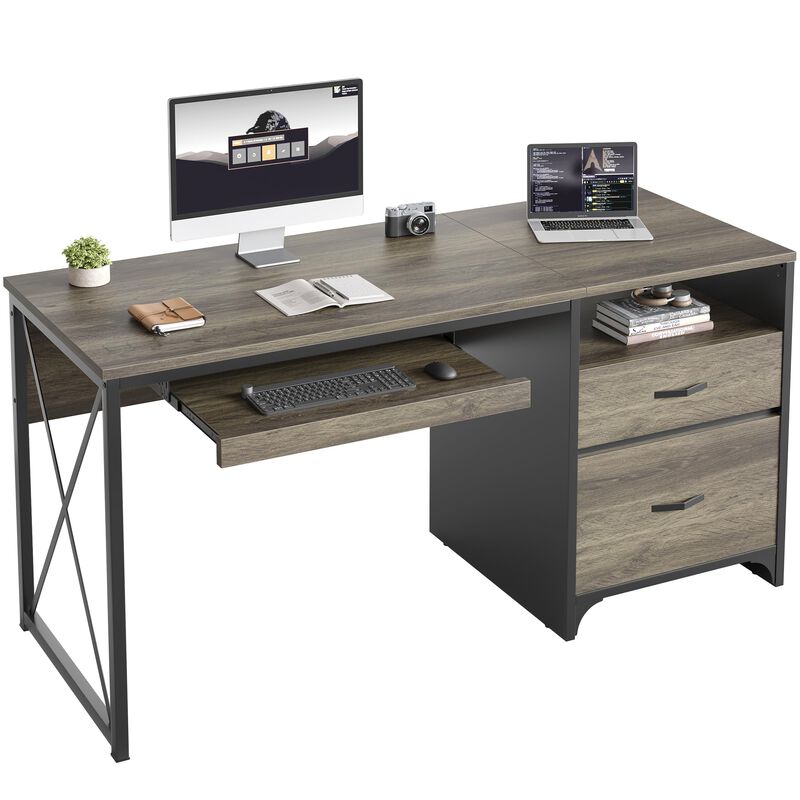 Bestier Office Desk with Drawers, 55 inch Industrial Computer Desk with Storage, Wood Teacher Desk with Keyboard Tray & File Dra