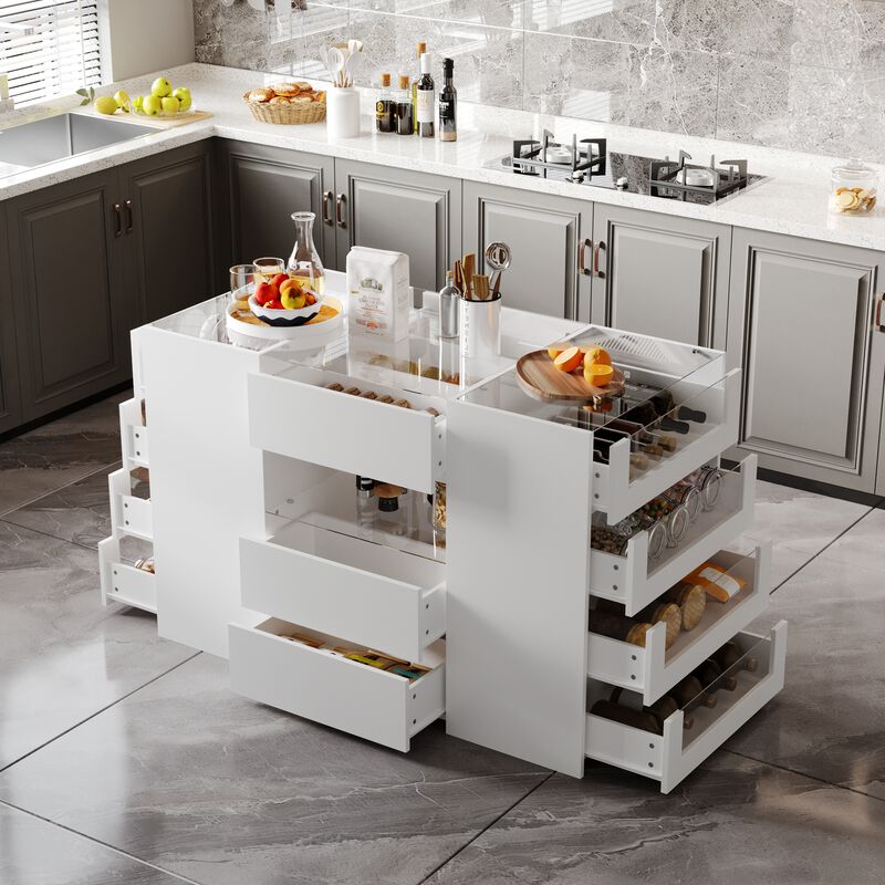 FUFU&GAGA White 14-Drawer Kitchen Island with Wooden Shelf, P2 MDF Construction, and Tempered Glass, (47.2"W x 23.6"D x 31.5"H), White