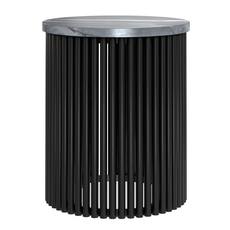 Demy 18 inch Wide Industrial Metal Accent Table in Black Genuine Marble and Black Metal, Assembled