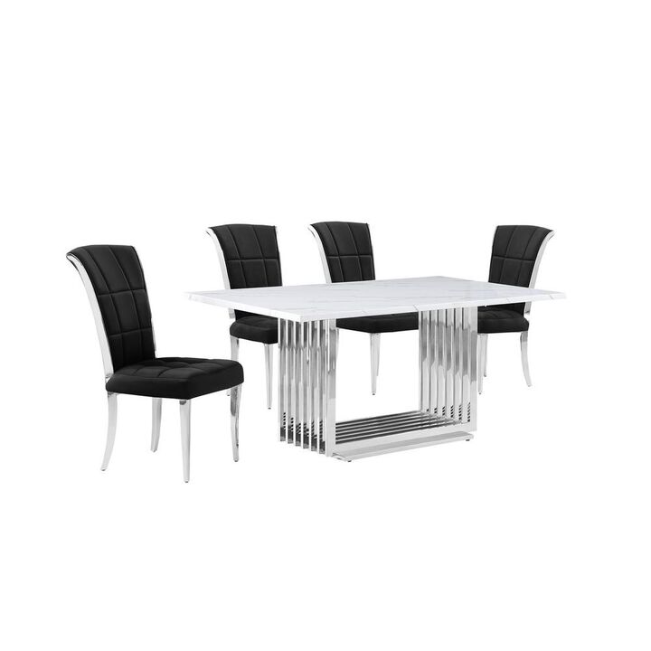 5pc Small(68") marble top dining set with silver base and 4 Black side chairs