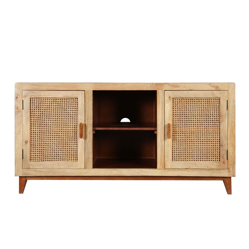 Aru 58 Inch Sideboard Buffet Cabinet, 2 Cane Doors n Open Shelves, 2 Tone Antique Brown Mango Wood image number 0