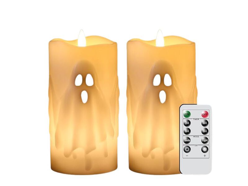 2-Pack Ghost Flameless LED Candles &ndash; 3"x6.5" Halloween Pillars with Remote & Timer for Indoor Decor & Gifting image number 0