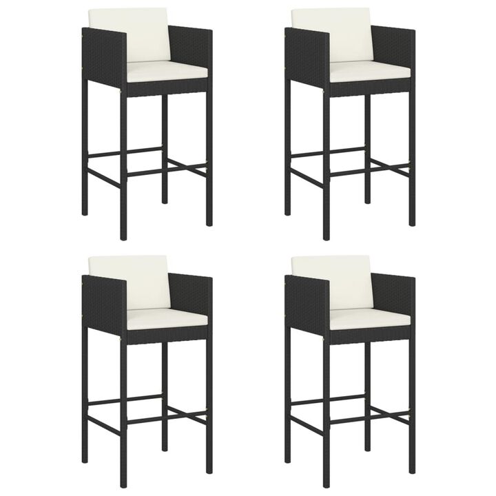 Outdoor Barstool Chair Set of 4, White Fabric Cushions, Black Rattan - Benzara
