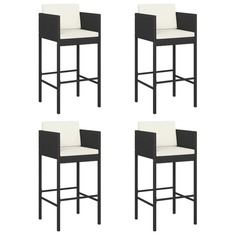 Outdoor Barstool Chair Set of 4, White Fabric Cushions, Black Rattan - Benzara