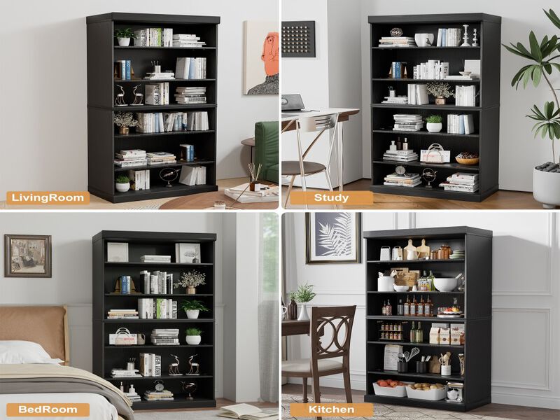 62" Black Wood Grain Doorless Decorative Storage Cabinet Bookcase
