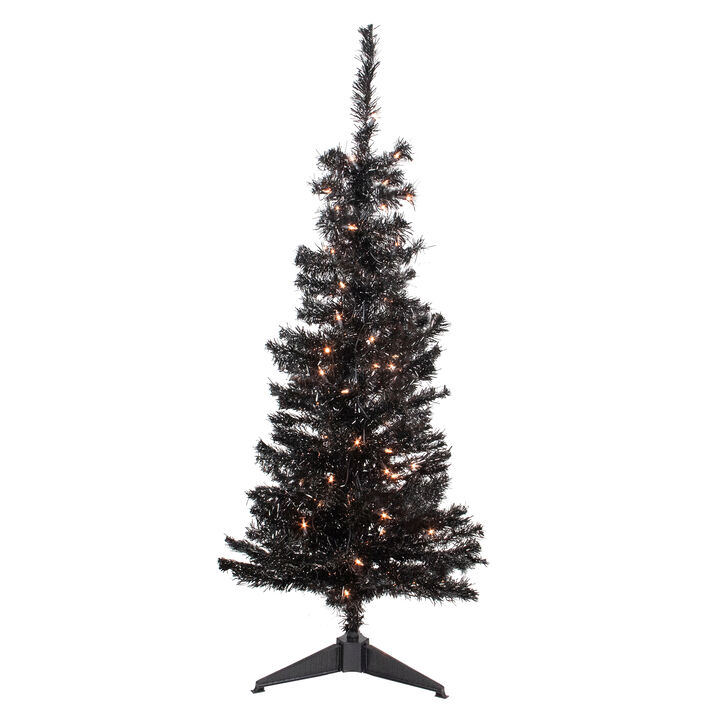 4' Pre-Lit Black Artificial Tinsel Christmas Tree  Clear Lights