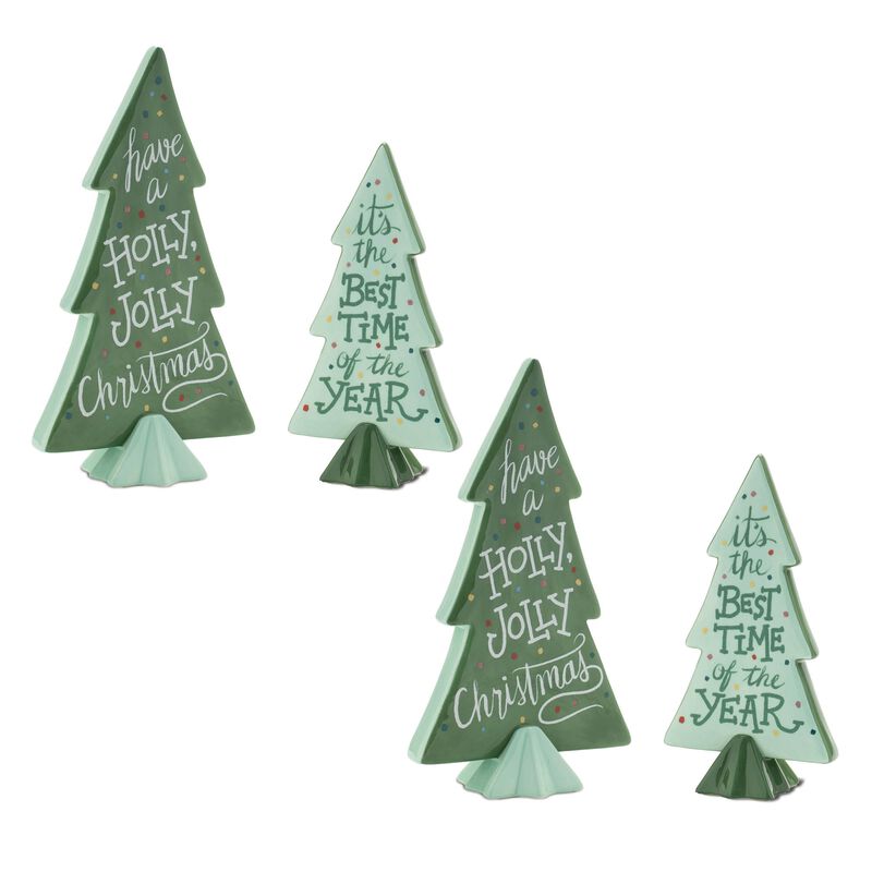 Set of 4 Ceramic Pine Trees with Christmas Sentiments for Holiday Tabletop Decor