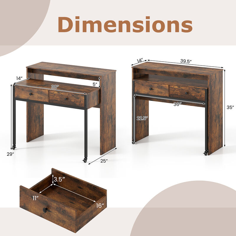 Convertible Extendable Writing Desk with 2 Drawers for Home Office image number 2