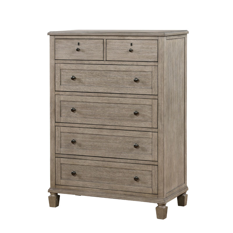 Cely Tall Dresser Chest, 6 Drawers, Gray Oak Wood, Nickel Tone Knobs  - Benzara