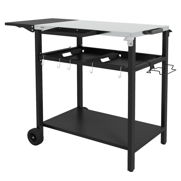 Outsunny Outdoor Bar Table with Stainless Steel Tabletop, Outdoor Kitchen Island with 2-Tier Shelf with Wheels, Patio Serving Cart with Hooks, Towel Holder, for Poolside, Garden, Black