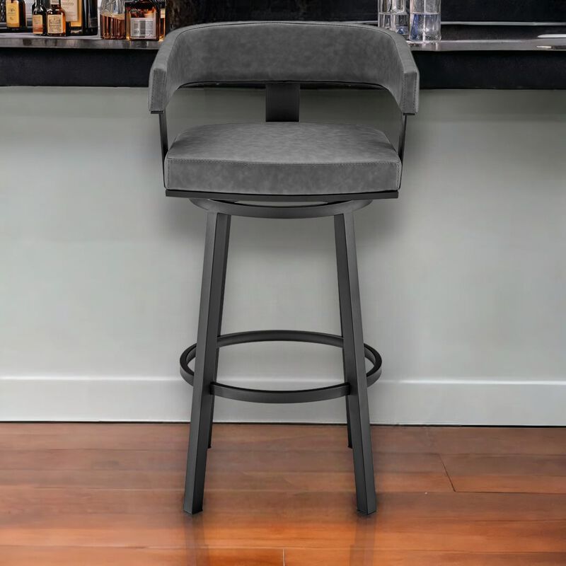 Hivvago 30 Inch Gray and Black Faux Leather and Iron Low Back Bar Height Swivel Bar Chair