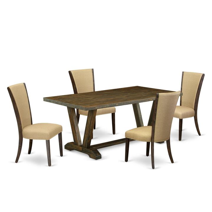 East West Furniture 5Pc Dinette Set Contains a Dinette Table and 4 Parsons Chairs with Brown Color Linen Fabric, Medium Size Table with Full Back Chairs, Distressed Jacobean Finish