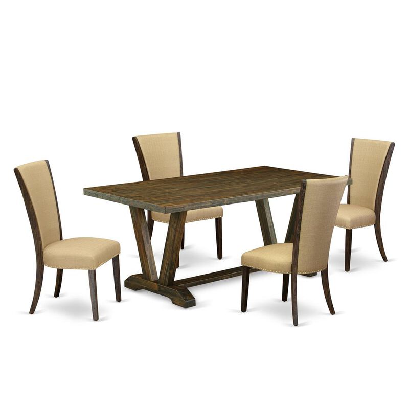 East West Furniture 5Pc Dinette Set Contains a Dinette Table and 4 Parsons Chairs with Brown Color Linen Fabric, Medium Size Table with Full Back Chairs, Distressed Jacobean Finish