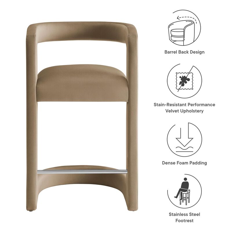 Modway Winslow Performance Velvet Counter Stool with Stainless Steel Footrest in Taupe image number 3