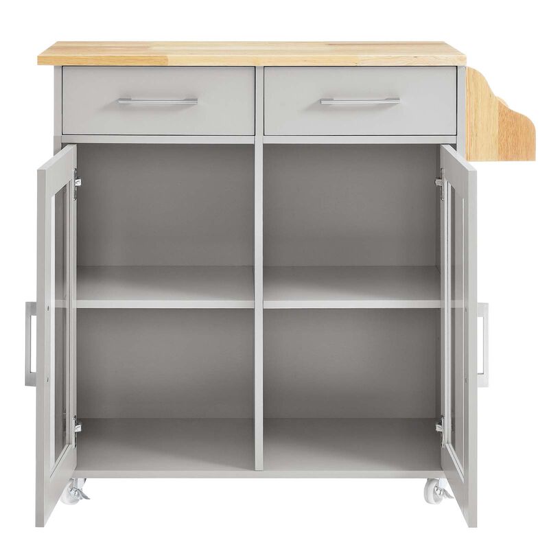 Modway Cuisine Rolling Kitchen Cart with Storage in Light Gray Natural - Portable Island for Kitchen with Spice Rack, Perfect as a Coffee Bar Cabinet, Butcher Block Island or Kitchen Island on Wheels image number 4