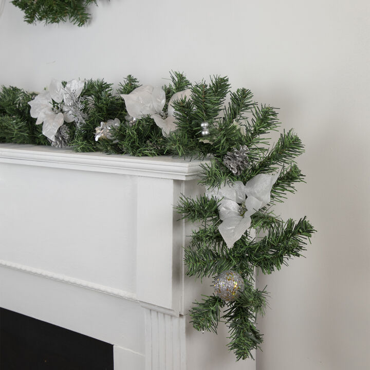 6' x 9" Silver Poinsettia and Pinecone Artificial Christmas Garland  Unlit