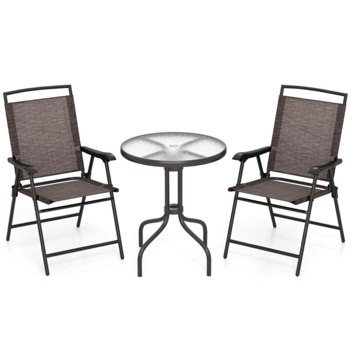 Hivvago 3 Pieces Patio Round Table and Folding Chairs Set with Rippled Tempered Glass Tabletop