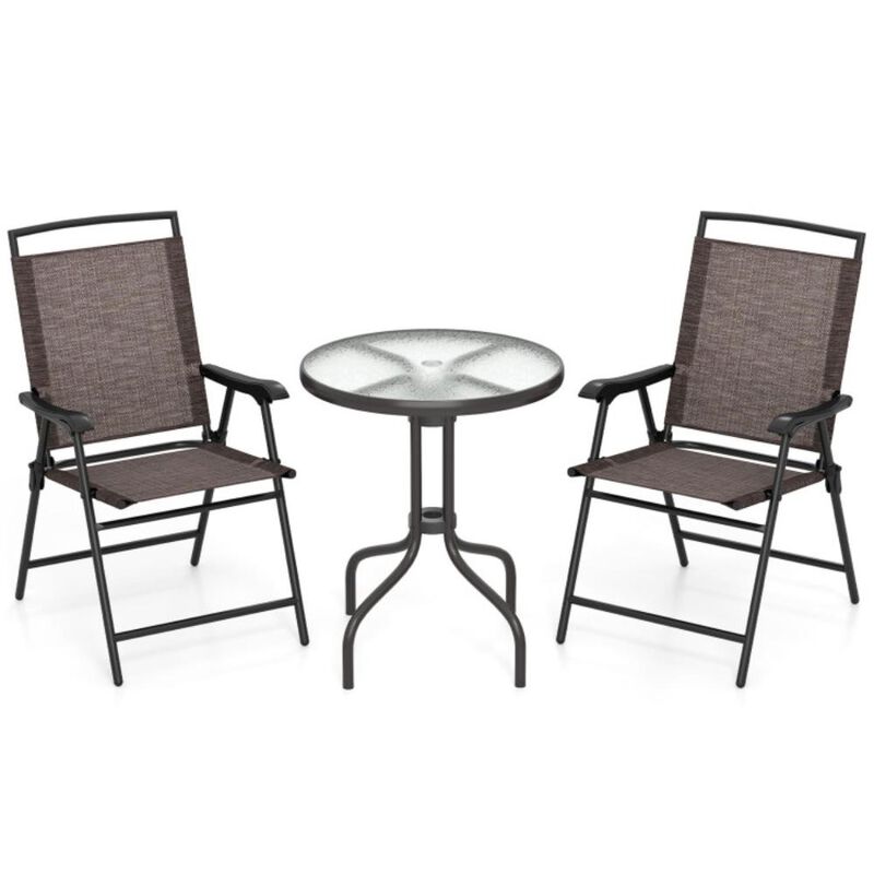 Hivvago 3 Pieces Patio Round Table and Folding Chairs Set with Rippled Tempered Glass Tabletop
