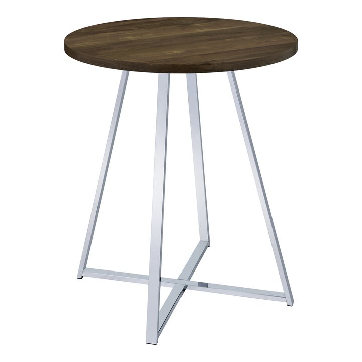 43 Inch Tall Modern Bar Table, Brown Round Top, Polished Chrome Flared Legs-Benzara