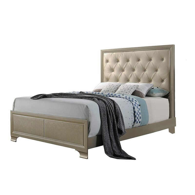 Wooden Queen Size bed with Bracket Legs and Faux Leather Tufted Headboard, Beige and Gold-Benzara image number 1