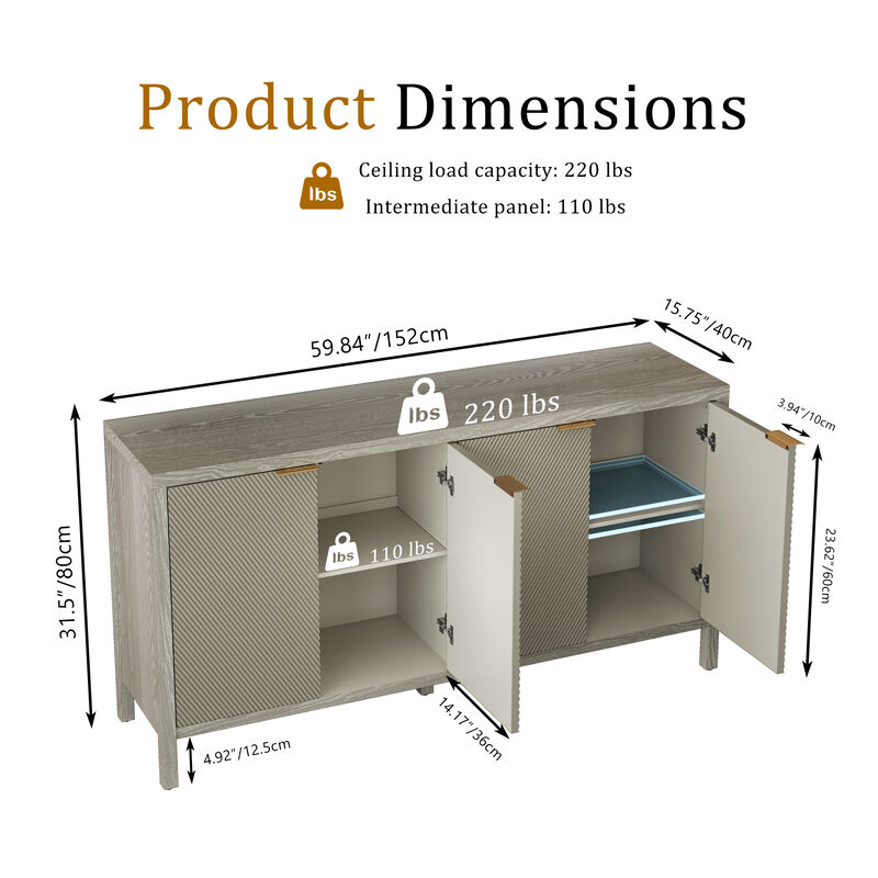 TATEUS 59" Modern Wood Sideboard Cabinet with 4 Doors & Adjustable Shelves