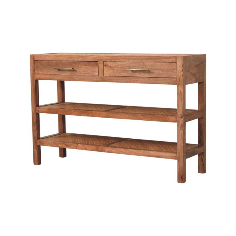 Artisan FurnitureSolid Wood Woven Tier Console,Brown,2-Drawers,2-Shelf