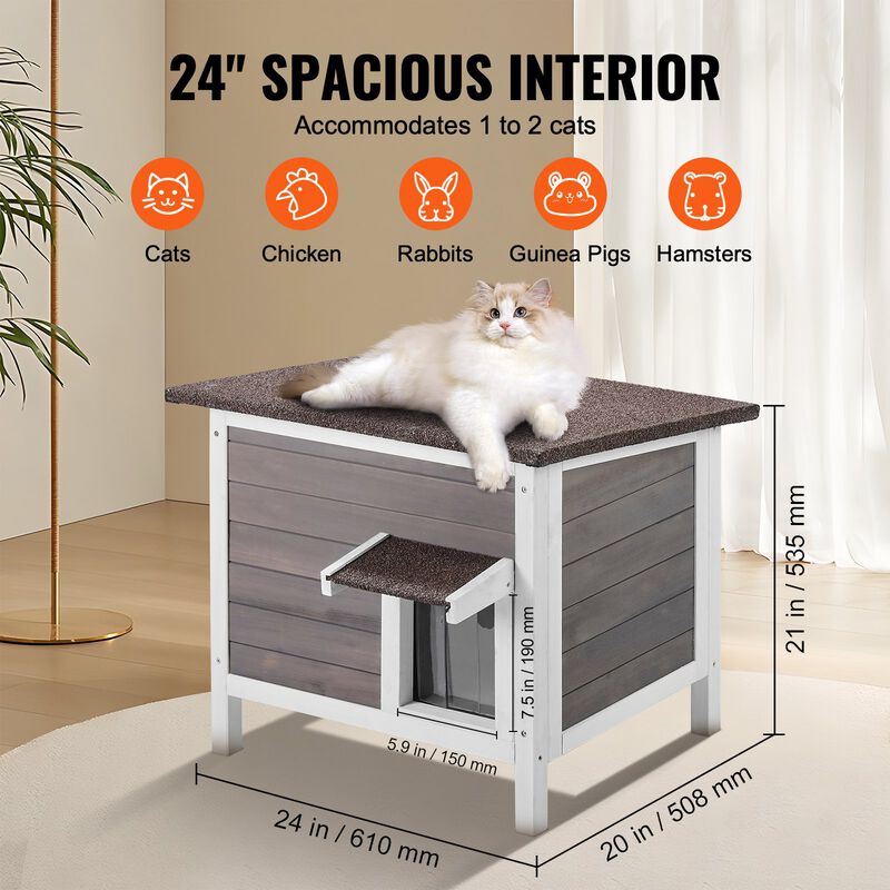 Outdoor Cat House Wooden Feral Cat Shelter with Roof & PVC Door Flaps