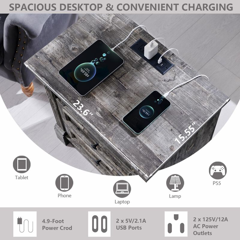 Roman Column Nightstand with USB & AC Charging, Drawer & Shelf image number 3