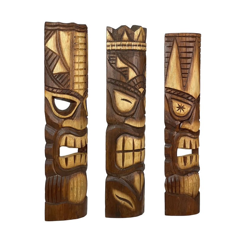 20 Inch Carved Wood Tiki God Masks Tropical Beach Hawaiian Home Decor Set of 3 image number 1