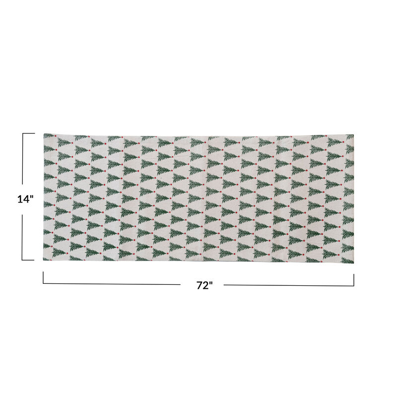 Stonewashed Cotton Printed Table Runner with Christmas Tree Pattern, Natural, Green and Red image number 1