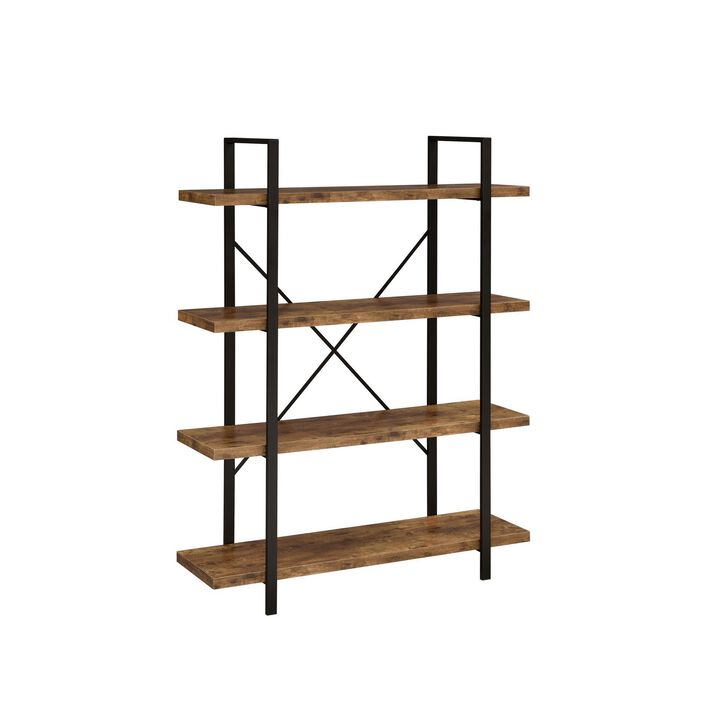 Ana 55 Inch Wood Bookcase, 4 Shelves, Crossed Metal Design, Rustic Brown-Benzara