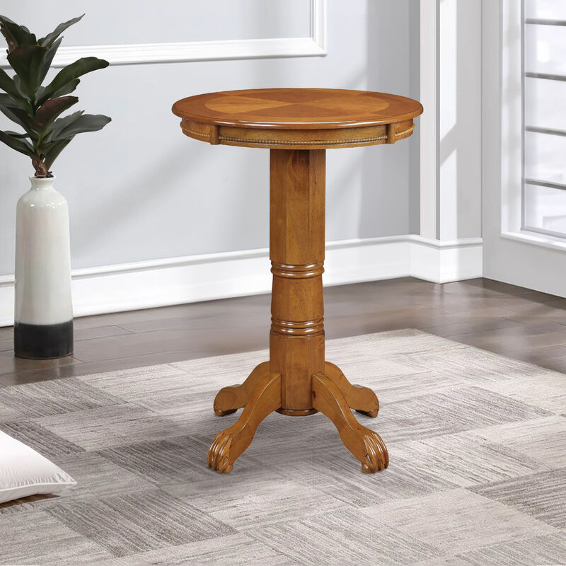Ava 42 Inch Wood Pub Bar Table, Sunburst Design, Carved Pedestal, Oak