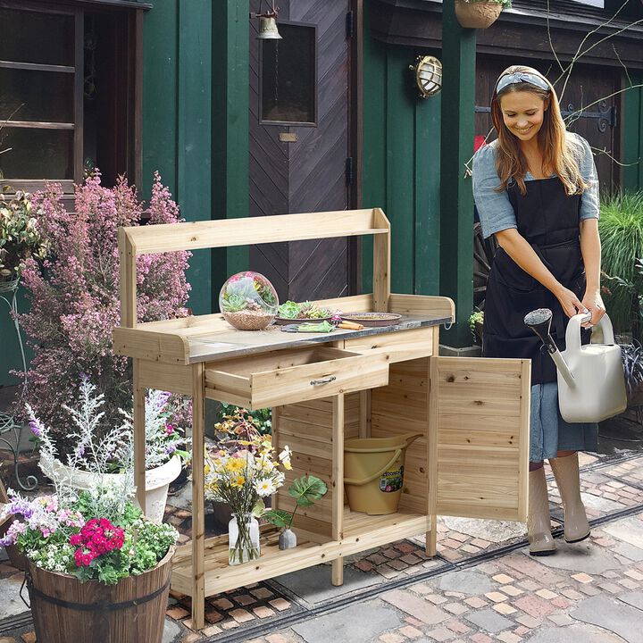 Potting Bench Table with Storage Cabinet and Open Shelf, Garden Planting Workstation with Steel Tabletop, Natural Wood