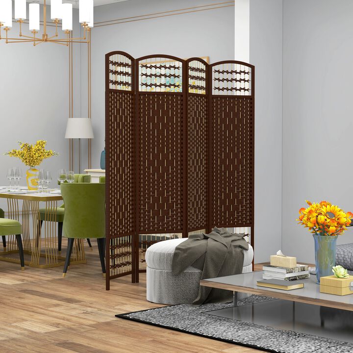Brown Space Divider: 4-Panel Folding Wave Room Divider