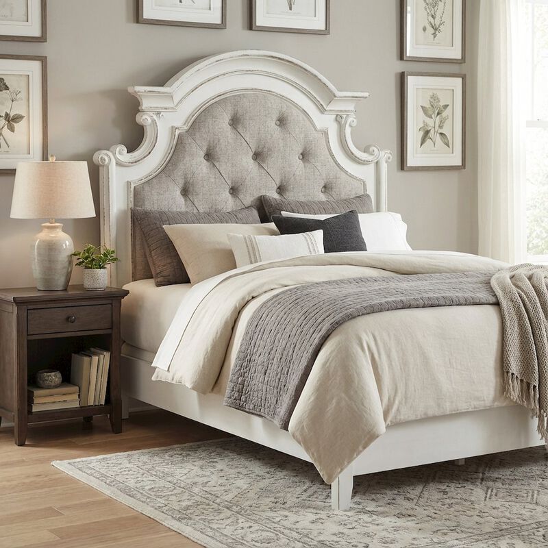 Liberty Furniture Antique White Upholstered Panel Headboard with Weathered Bark Wood Accents image number 2