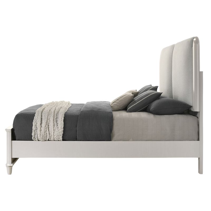 Veda Queen Size Bed with LED, Pearl White, Gray Boucle Upholstered - Benzara